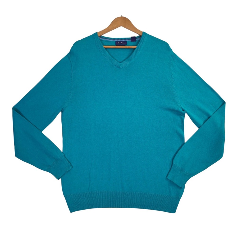 Alan Flusser V-Neck Sweater Mens Large Teal Blue Cotton Cashmere L